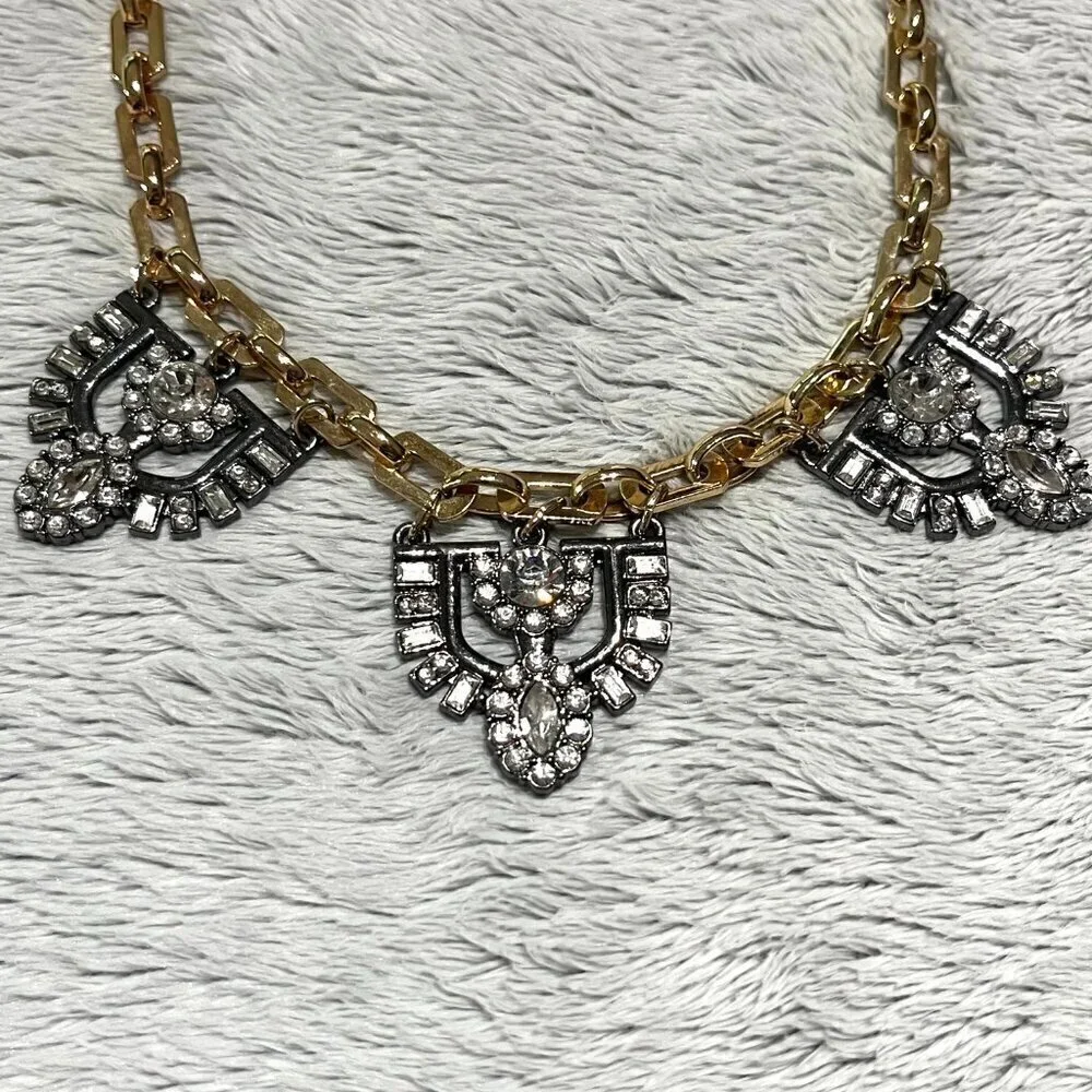 Stella & Dot Art Deco 1920's Rhinestone Two-Tone Statement Bib Necklace Retired